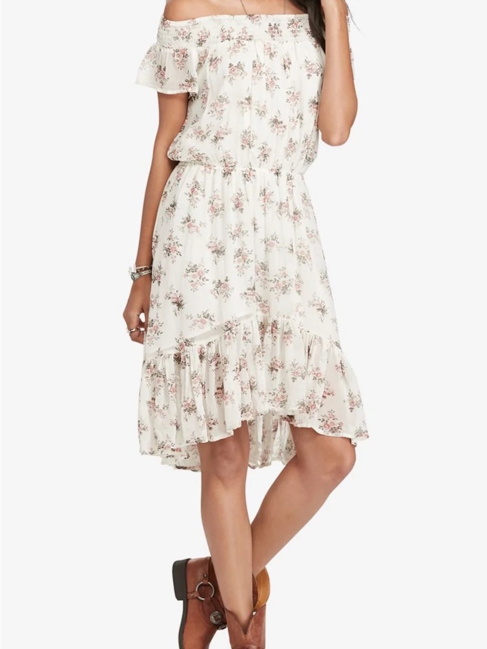 Off-Shoulder Floral Ruffle Midi Dress in Cream Ralph Lauren